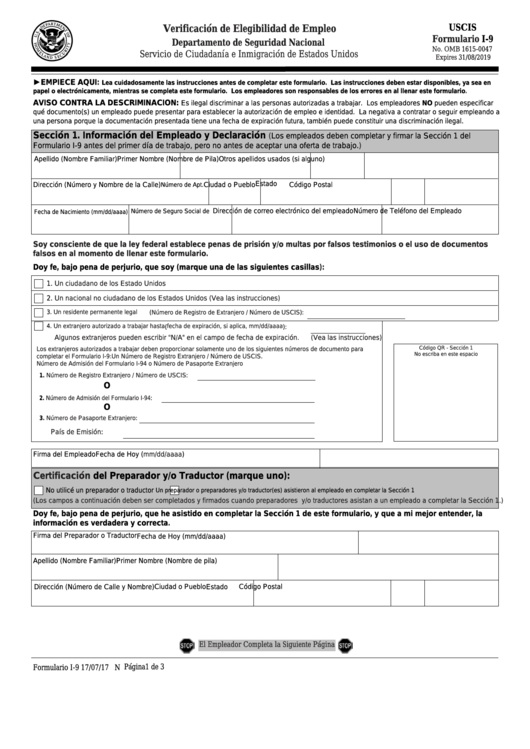 Fillable Formulario I-9 - Verification De Elegibilidad De Empleo (Spanish Version) Printable pdf