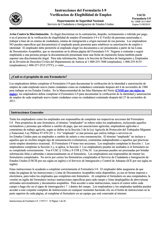 Instrucciones Del Verificacion De Elegibilidad De Empleo (Formulario I-9) (Spanish Version) Printable pdf