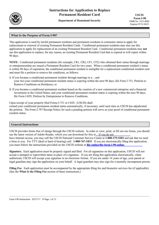 Instructions For Application To Replace Permanent Resident Card (Form I-90) Printable pdf