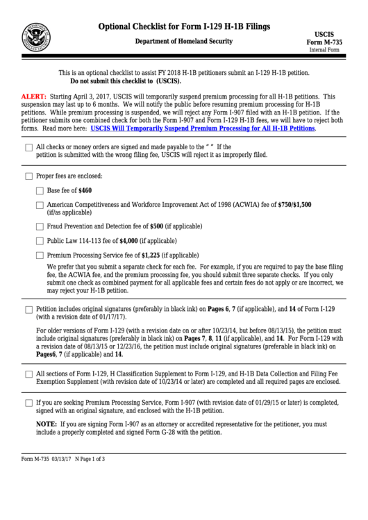 Fillable Form M-735 - Optional Checklist For Form I-129 H-1b Filings Printable pdf