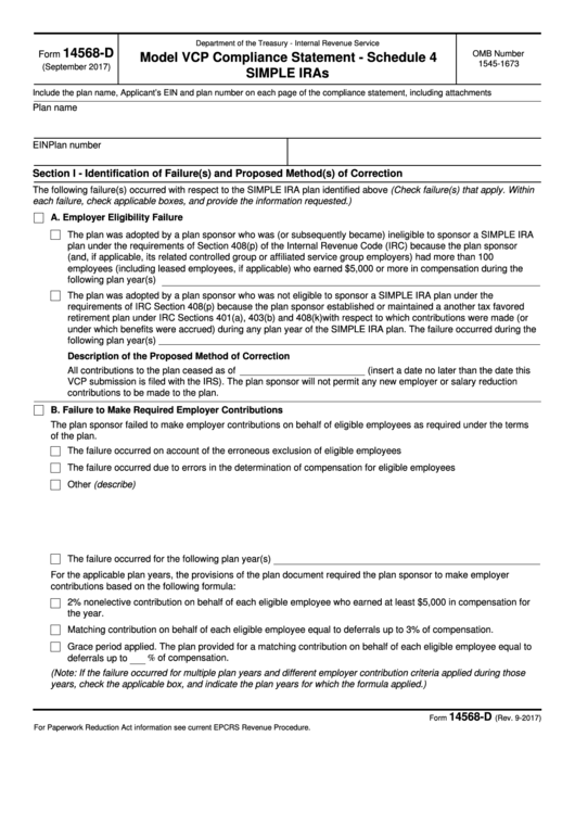 Fillable Form 14568-D - Model Vcp Compliance Statement Schedule 4 Simple Iras Printable pdf