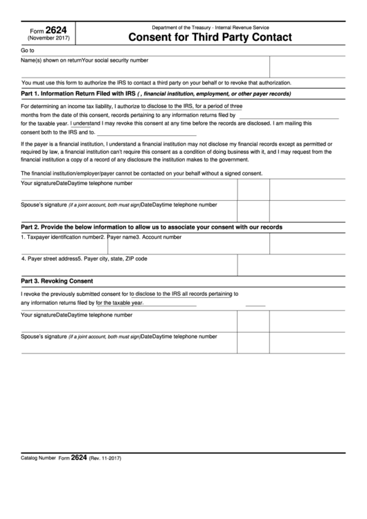 Fillable Form 2624 - Consent For Third Party Contact Printable pdf