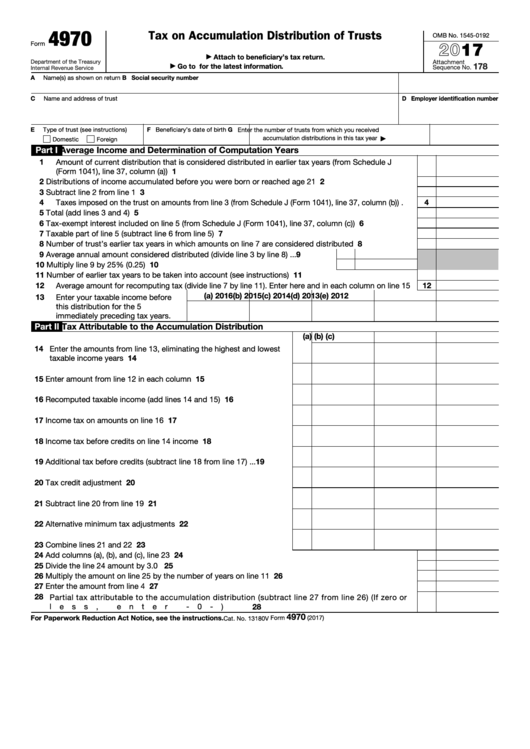 Fillable Form 4970 - Tax On Accumulation Distribution Of Trusts - 2017 Printable pdf