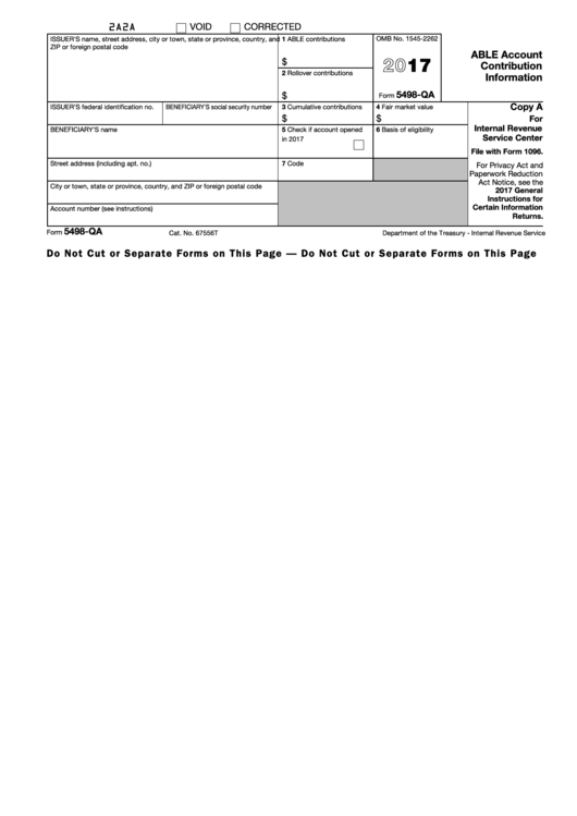 Fillable Form 5498-Qa - Able Account Contribution Information - 2017 Printable pdf