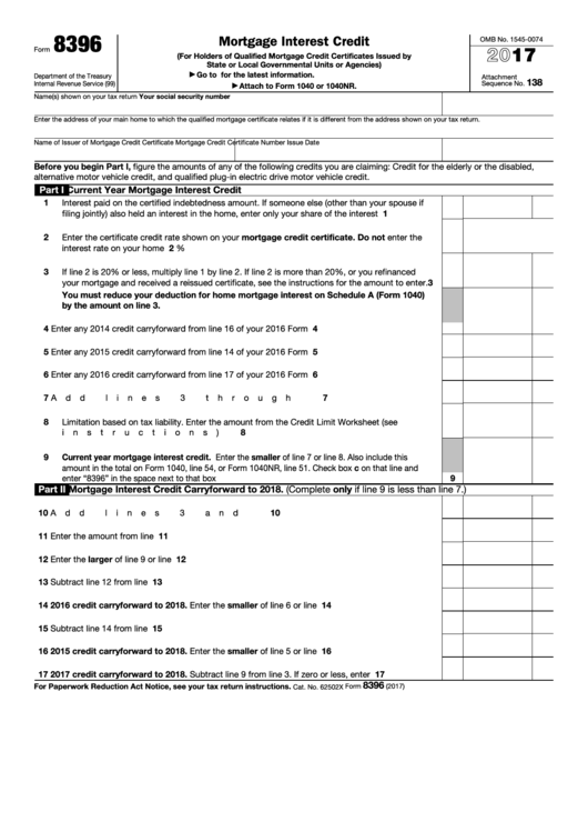 Fillable Form 8396 - Mortgage Interest Credit - 2017 Printable pdf