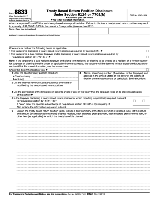 Form 8833 - Treaty-based Return Position Disclosure Under Section 6114 Or 7701(b)