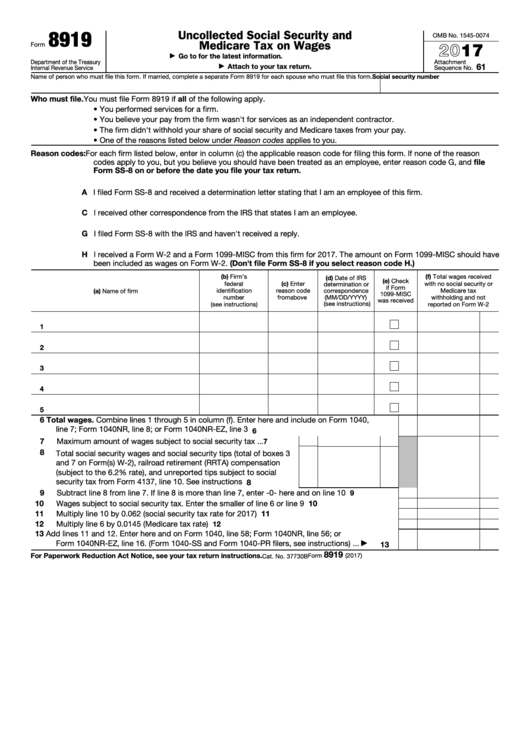 Fillable Form 8919 - Uncollected Social Security And Medicare Tax On Wages - 2017 Printable pdf