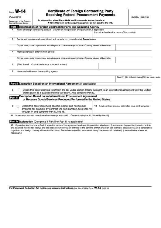 Fillable Form W-14 - Certificate Of Foreign Contracting Party Receiving Federal Procurement Payments Printable pdf