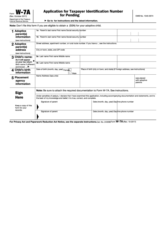 Fillable Form W-7a - Application For Taxpayer Identification Number For Pending U.s. Adoptions Printable pdf