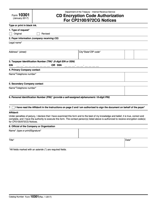 Fillable Form 10301 - Cd Encryption Code Authorization For Cp2100 972cg Notices Printable pdf