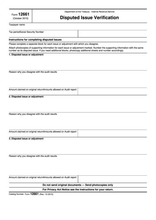 Fillable Form 12661 - Disputed Issue Verification Printable pdf