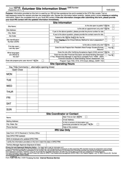 Fillable Form 13715 - Volunteer Site Information Sheet Printable pdf