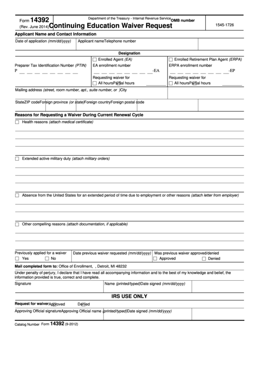 Fillable Form 14392 - Continuing Education Waiver Request Printable pdf