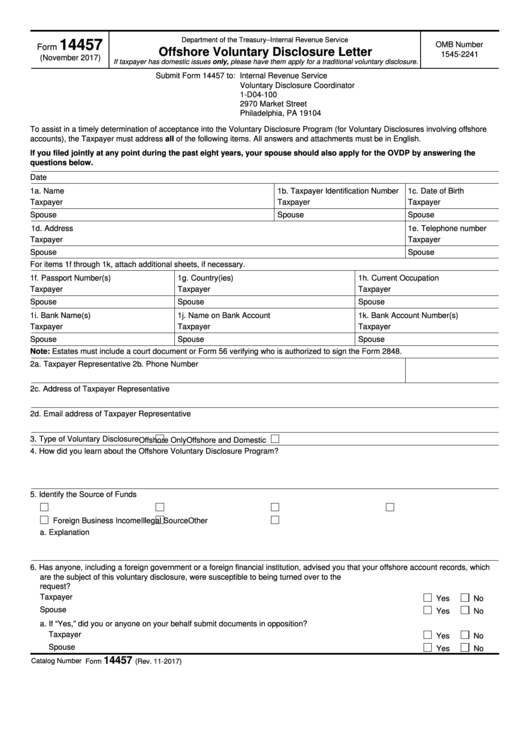 Fillable Form 14457 - Offshore Voluntary Disclosure Letter Printable pdf