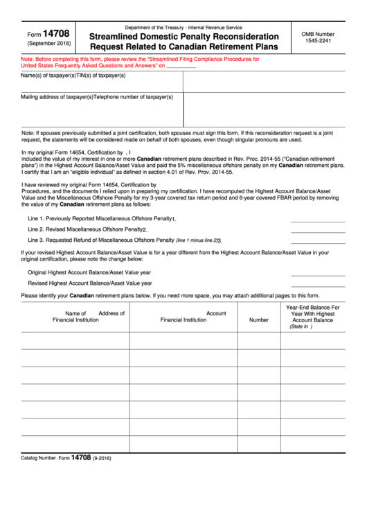 Fillable Form 14708 - Streamlined Domestic Penalty Reconsideration Request Related To Canadian Retirement Plans Printable pdf