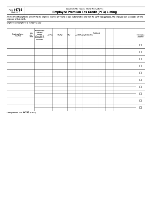 Fillable Form 14765 - Employee Premium Tax Credit (Ptc) Listing Printable pdf