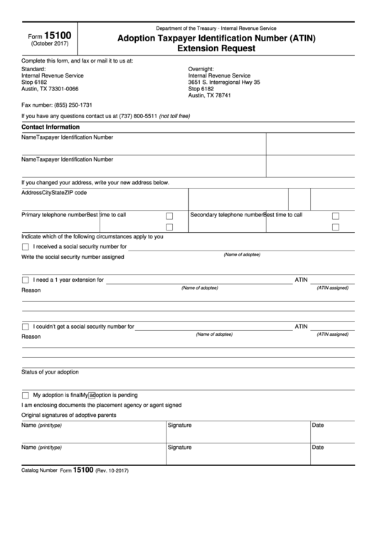 Fillable Form 15100 - Adoption Taxpayer Identification Number (Atin) Extension Request Printable pdf