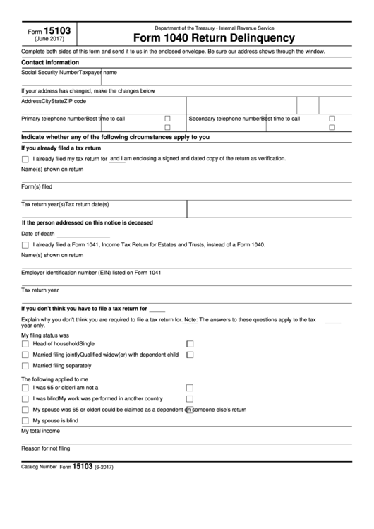 Fillable Form 15103 - Form 1040 Return Delinquency Printable pdf