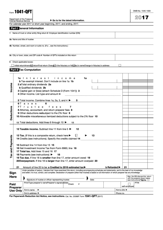 Fillable Form 1041-Qft - U.s. Income Tax Return For Qualified Funeral Trusts - 2017 Printable pdf
