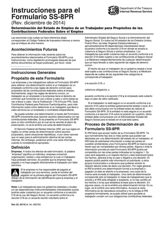 Instrucciones Para El Formulario Ss-8pr - Determinacion Del Estado De Empleo De Un Trabajador Para Propositos De Las Contribuciones Federales Sobre El Empleo (Spanish Version) Printable pdf