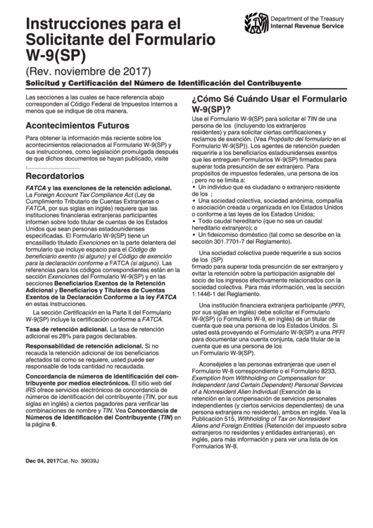 Instrucciones Para El Solicitante Del Formulario W-9(Sp) - Solicitud Y Certificacion Del Numero De Identificacion Del Contribuyente (Spanish Version) Printable pdf
