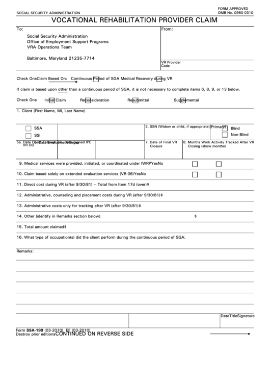 Fillable Form Ssa-199 - Vocational Rehabilitation Provider Claim Printable pdf