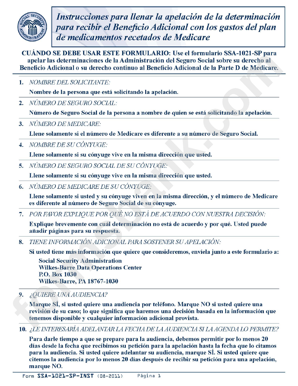 Form Ssa-1021-Sp-Inst - Instrucciones Para Llenar La Apelacion De La Determinacion Para Recibir El Beneficio Adicional Con Los Gastos Del Plan De Medicamentos Recetados De Medicare (Spanish Version)