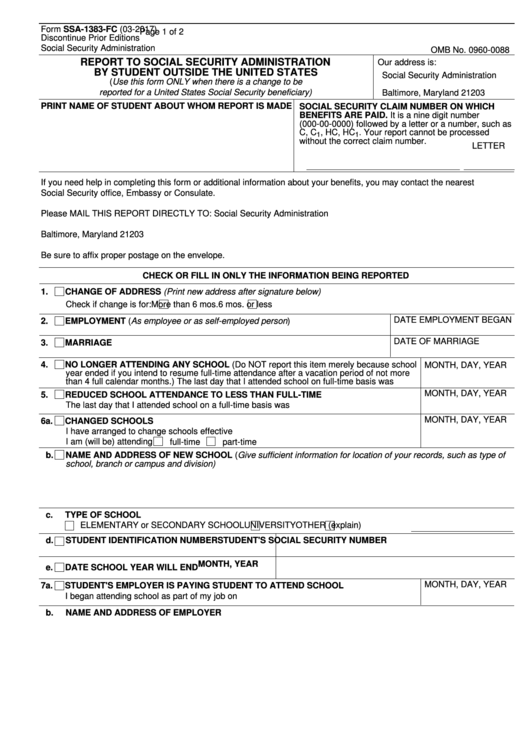 Fillable Form Ssa-1383-Fc - Reporting To Social Security Administration By Student Outside The United States Printable pdf