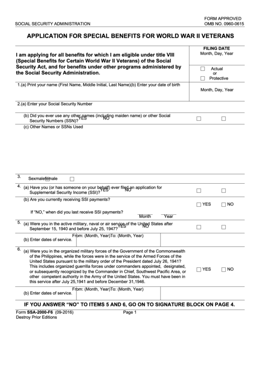 Form Ssa-2000-F6 - Application For Special Benefits For World War Ii Veterans Printable pdf
