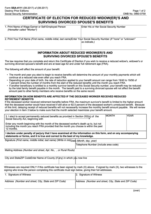 Form Ssa-4111 - Certification Of Election For Reduced Widow(er)'s And Surviving Divorced Spouse's Benefits