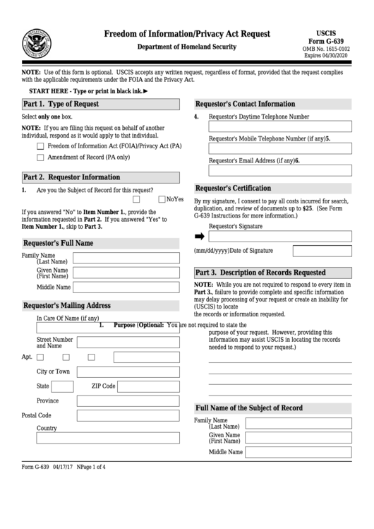Fillable Form G-639 - Freedom Of Information Act/privacy Act Request Printable pdf