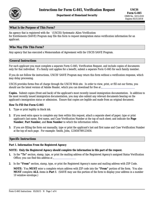 Instructions For Form G-845 - Verification Request Printable pdf