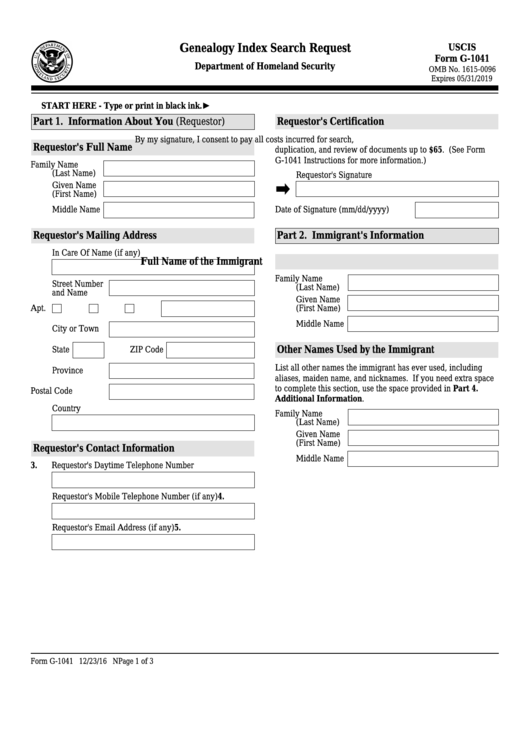 Fillable Form G-1041 - Genealogy Index Search Request Printable pdf
