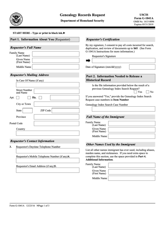 Fillable Form G-1041a - Genealogy Records Request Printable pdf