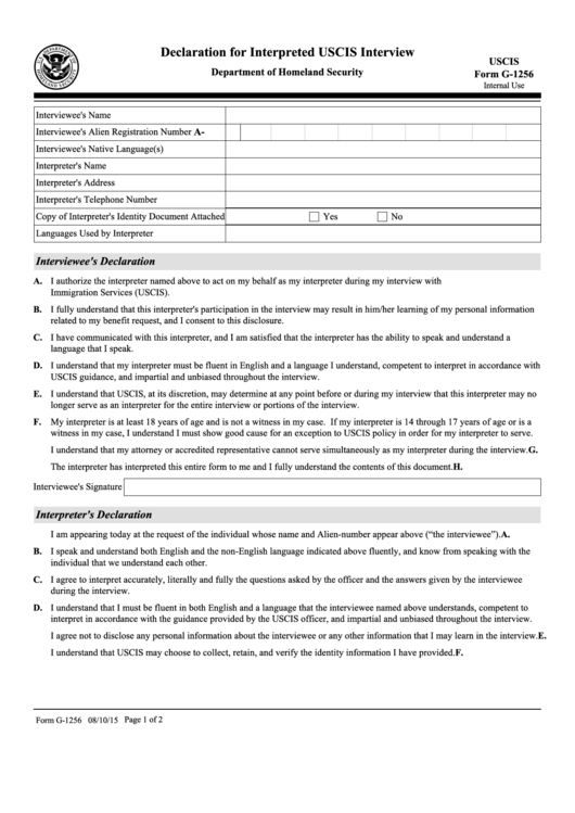 Fillable Form G-1256 - Declaration For Interpreted Uscis Interview Printable pdf