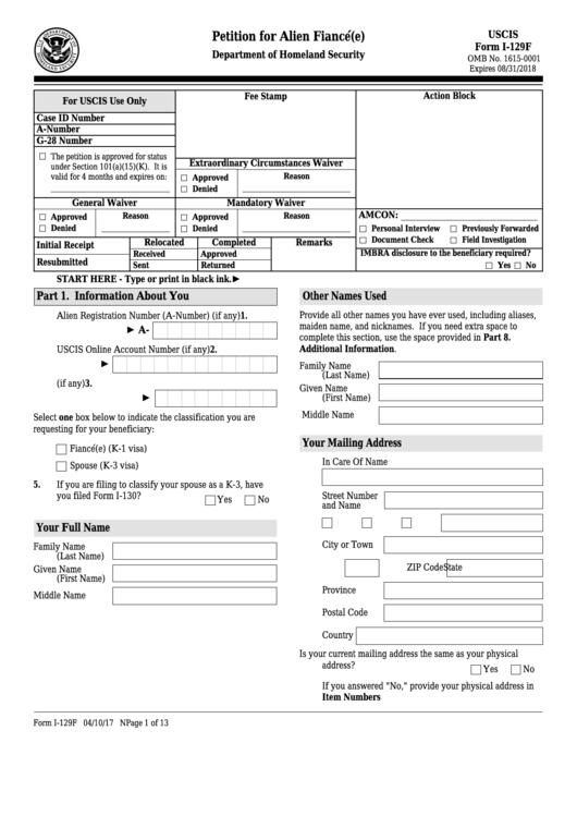 Fillable Form I 129f Petition For Alien Fiance E Printable Pdf Download