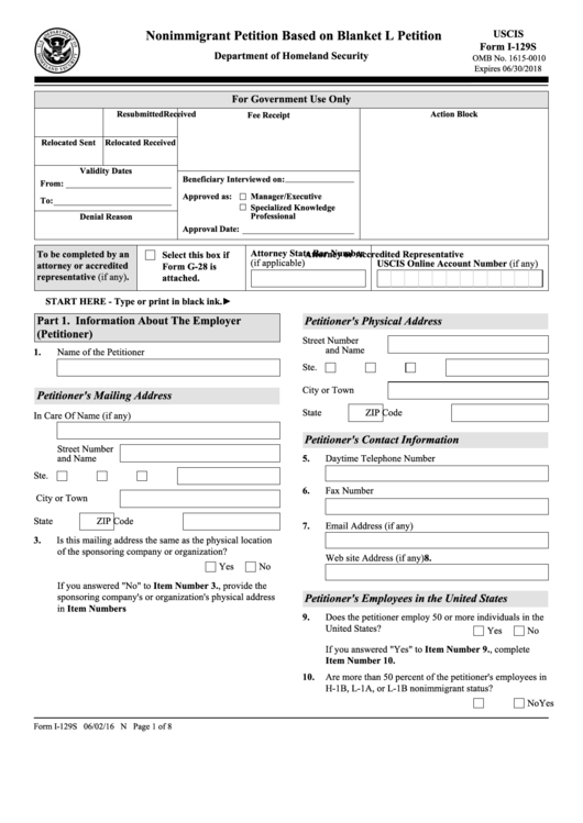 Fillable Form I-129s - Nonimmigrant Petition Based On Blanket L Petition Printable pdf