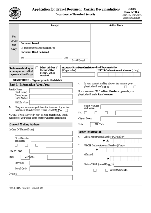 Fillable Form I-131a - Application For Travel Document (Carrier Documentation) Printable pdf