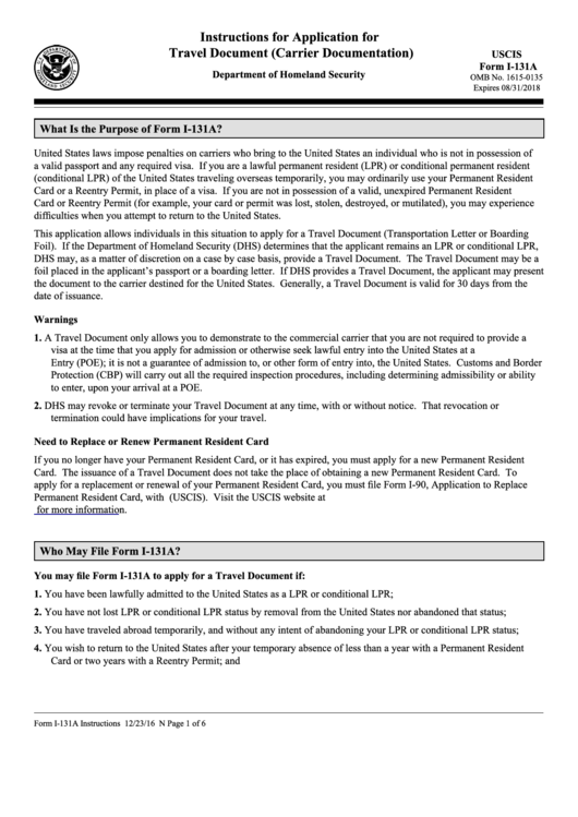 Instructions For Form I-131a - Application For Travel Document (Carrier Documentation) Printable pdf