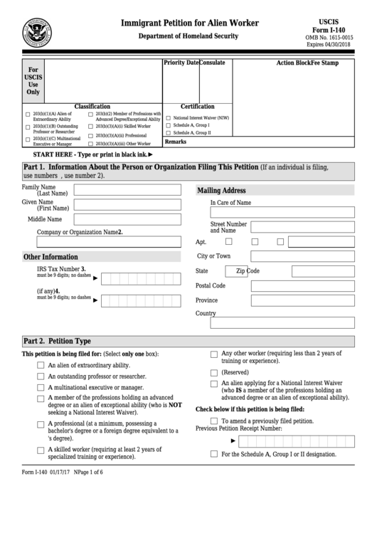 Fillable Form I-140 - Immigrant Petition For Alien Worker Printable pdf