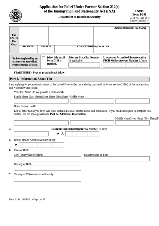 Fillable Form I-191 - Application For Relief Under Former Section 212(C) Of The Immigration And Nationality Act (Ina) Printable pdf