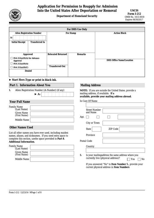 Fillable Form I-212 - Application For Permission To Reapply For Admission Into The United States After Deportation Or Removal Printable pdf