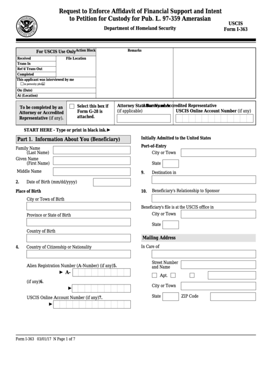 Fillable Form I-363 - Request To Enforce Affidavit Of Financial Support And Intent To Petition For Legal Custody For Public Law 97-359 Amerasian Printable pdf