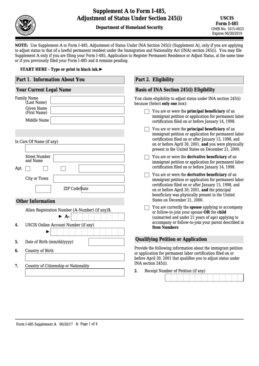 Fillable Form I-485 - Supplement A - Adjustment Of Status Under Section 245(I) Printable pdf