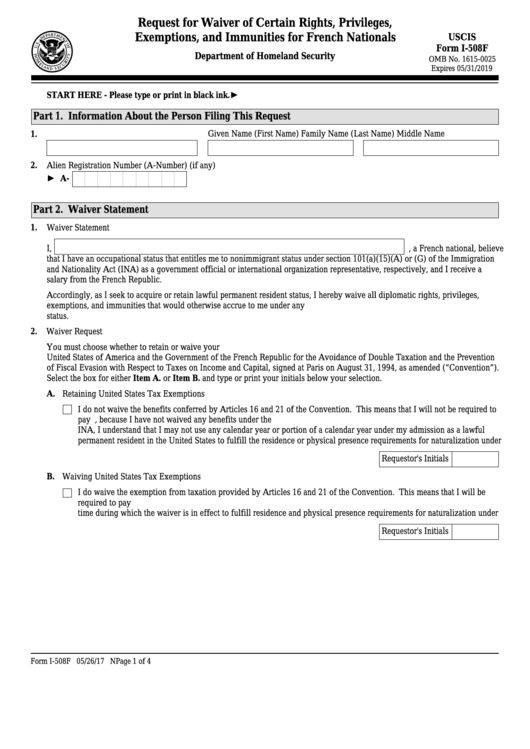 Fillable Form I-508f - Request For Waiver Of Rights, Privileges, Exemptions, And Immunities For French Nationals Printable pdf
