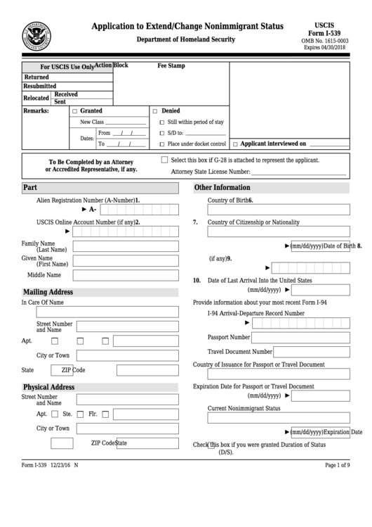 Fillable Form I-539 - Application To Extend/change Nonimmigrant Status Printable pdf