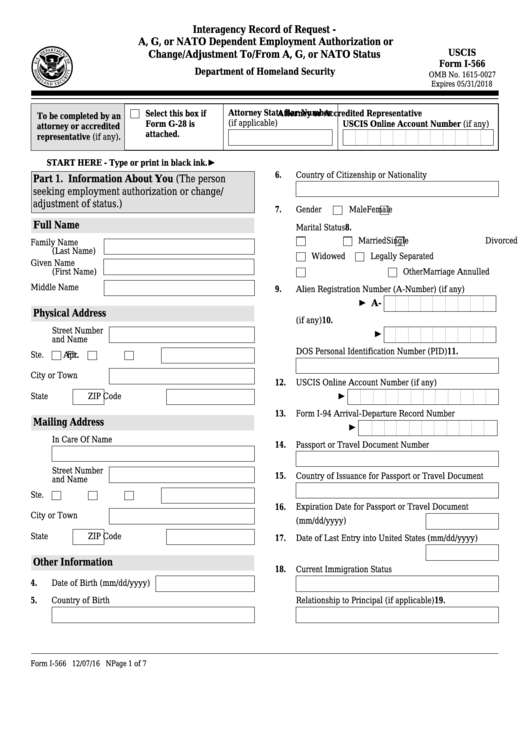 Fillable Form I-566 - Interagency Record Of Request - A, G Or Nato Dependent Employment Authorization Or Change/adjustment To/from A, G Or Nato Status Printable pdf
