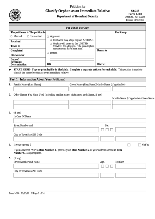 Fillable Form I-600 - Petition To Classify Orphan As An Immediate Relative Printable pdf