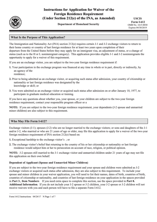 Instructions For Form I-612 - Application For Waiver Of The Foreign Residence Requirement (Under Section 212(E) Of The Immigration And Nationality Act, As Amended) Printable pdf