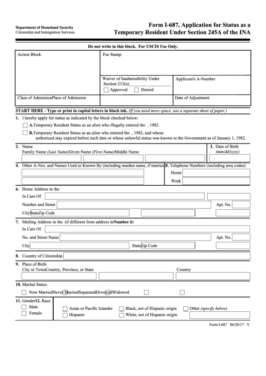 Fillable Form I-687 - Application For Status As A Temporary Resident Under Section 245a Of The Immigration And Nationality Act Printable pdf
